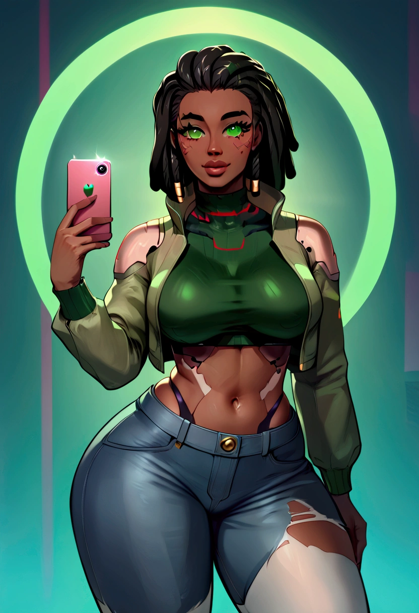 (8k, 4k, intricate),(halfbody-shot:1), (highly detailed:1.2),(detailed background:1.2),((dark skin, beatiful face,plump lips, smiling)) (((half colored hair:1.2,black hair:0.5,green hair:0.5))), ((big breasts,wide hips, big ass, thick thighs,))((sci-fi aesthetic, futuristic clothing, cyberpunk aesthetic))) 3/4 pose, Image of a slim thick woman posing for a photo,she has black and green dreadlocks, magenta eyes, she wearing a light brown jacket, ripped denim jeans posing for a photo, light brown trenchcoat with a fur collar style of digital illustration, sexy crop top turtleneck, full body illustration, urban girl fanart, digitally colored, she is wearing streetwear, woman in streetwear, lo-fi illustration style, illustration body illustration, green and black dreadlocks, two toned hair colors character half body portrait, commission for high res, oc commission, anime vibes, cyberpunk art ultrarealistic 8k, cyberpunk style,