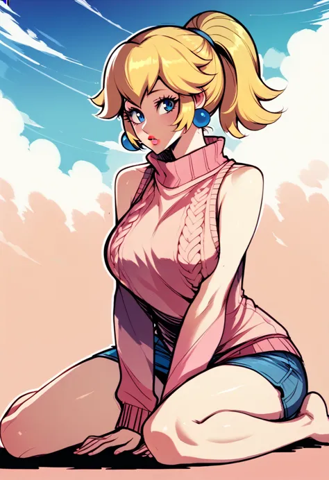 score_9, score_7_up, 1girl, solo, (princess peach):0.8, sweater, barefoot, sleeveless, portrait, large breasts, blue sky, ponyta...