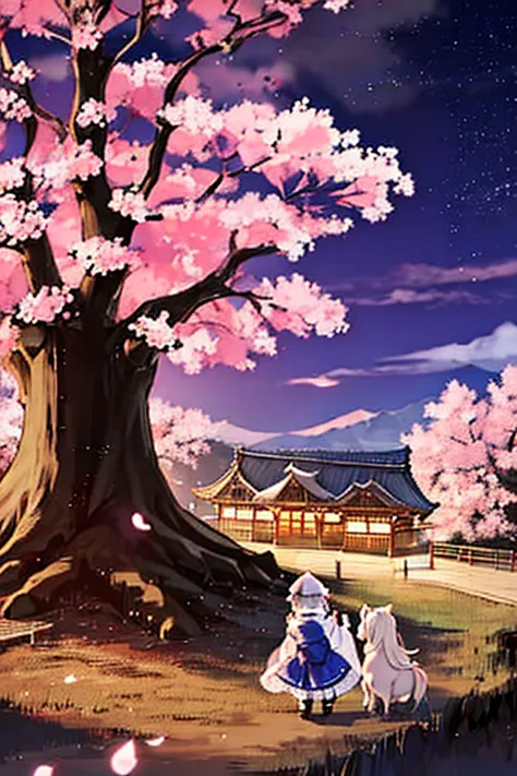 saigyouji yuyuko having a picnic under a cherry blossom tree eating gourmet food, night cherry blossom, moonlit night, drinking ...