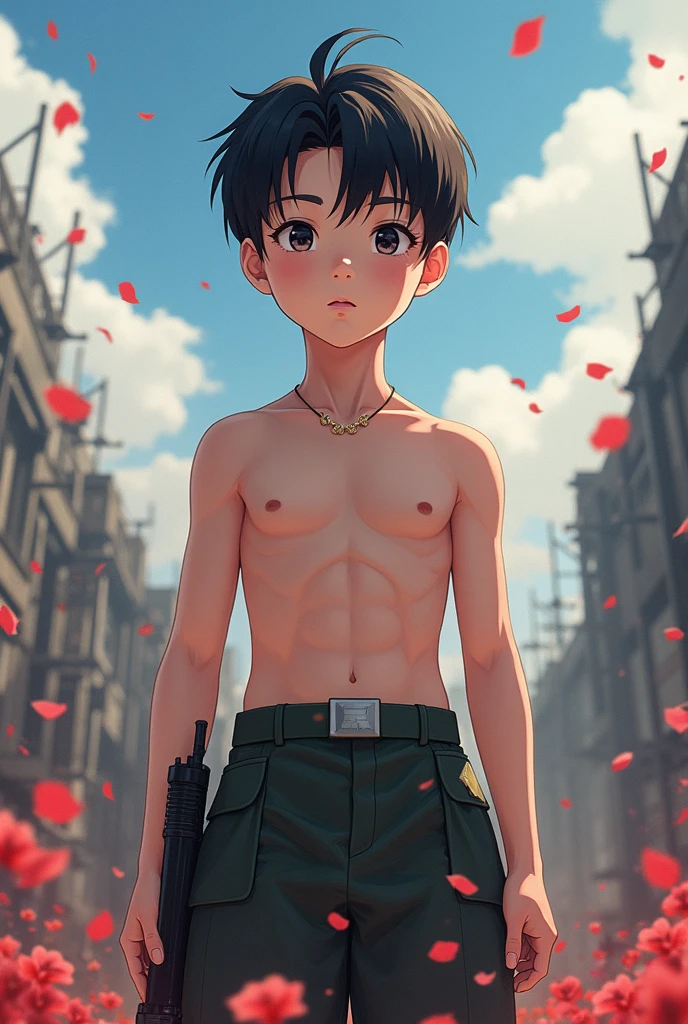 Boy At Twelve Years Old Age, Teen, Male, Anime, Black Hair, Light Blush, Hair Ornament, Young, Baby Face, Beautiful, Slim, Toned Body, Athletic, Nice Abs, 6 Packs, Shirtless, Revealing Clothes, Young Military Officer, South Korean Army Uniform, Sidearms on Belt, Gruesome Battlefield Background, Flower Petals Foreground, Anime Art.