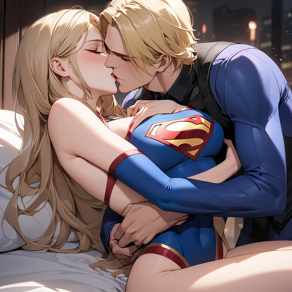 ((Best Quality)), ((masterpiece)), (detailed), （Perfect Face）、The woman who joined the villain team is an evil Supergirl with medium-long blonde hair.、The woman and the man embrace, kiss, have sex, and make love、The man is Lex Luthor and he&#39;s a villain.