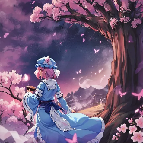 saigyouji yuyuko having a picnic under the cherry blossom tree, eating gourmet food, night cherry blossom, moonlit night, drinki...