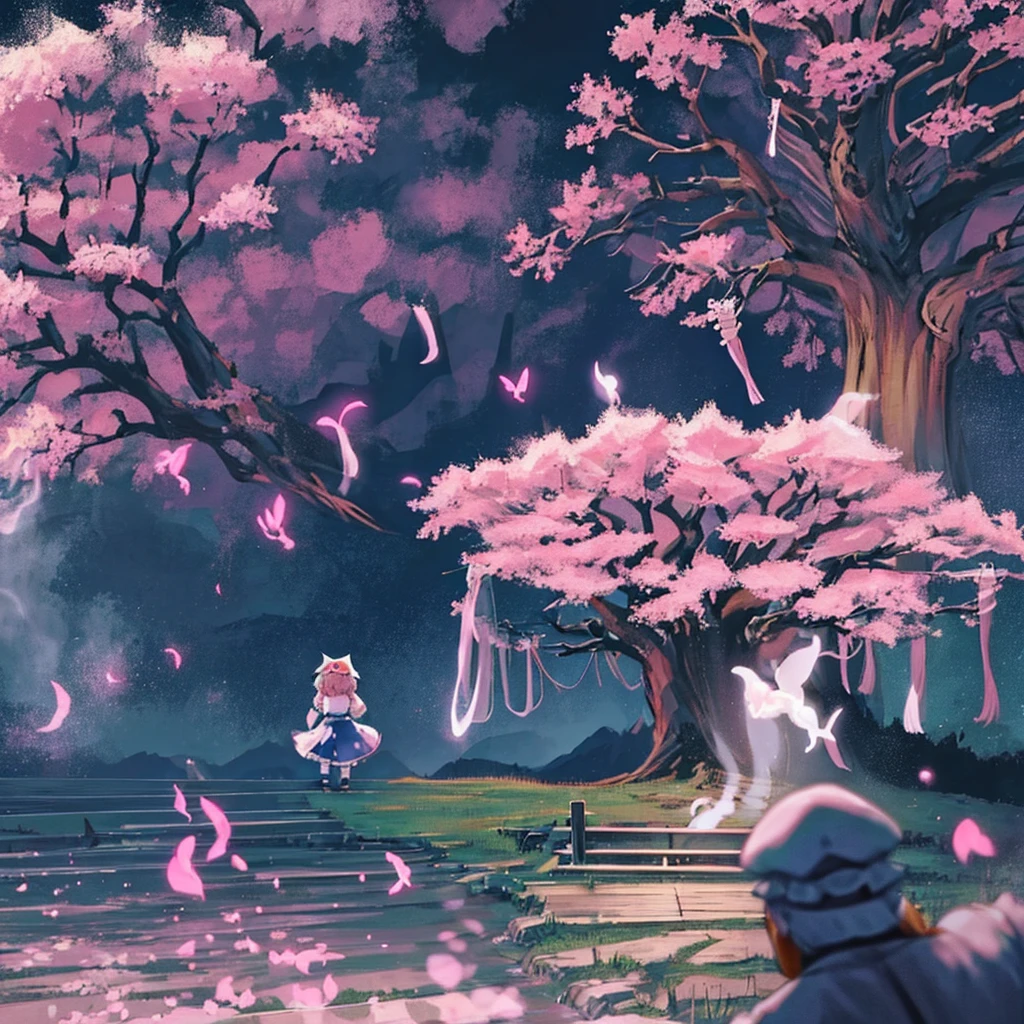 Saigyouji Yuyuko Having a picnic under the cherry blossom tree, eating gourmet food, night cherry blossom, moonlit night, drinking sake, having a picnic, small chest, default clothes, Saigyouji Yuyuko, Saigyou Ayakashi, Only_tree, 1Chibi princess, stand next to, smirk, cute, (Chibi　Riding a pure white horse　Pure white horses together