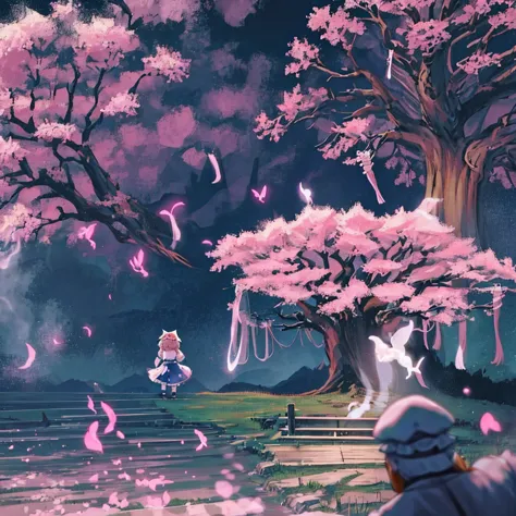 saigyouji yuyuko having a picnic under the cherry blossom tree, eating gourmet food, night cherry blossom, moonlit night, drinki...