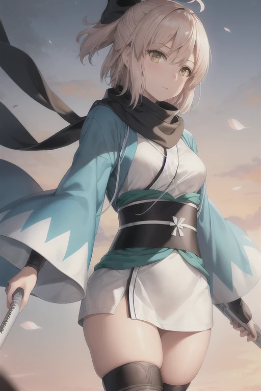 (extremely detailed CG), (best quality), perfect face, shiny skin, lustrous skin,wide hips, 1girl,solo ,  OkitaSouji,arm guards,wide sleeves,toeless legwear,bangs,obi, white kimono, shinsengumi, black thighighs, yellow eyes,thighhighs , short kimono, haori, black bow, black scarf, short hair, ahoge, scarf, blonde hair, hairbow,bow, kimono,japanese clothes, standing