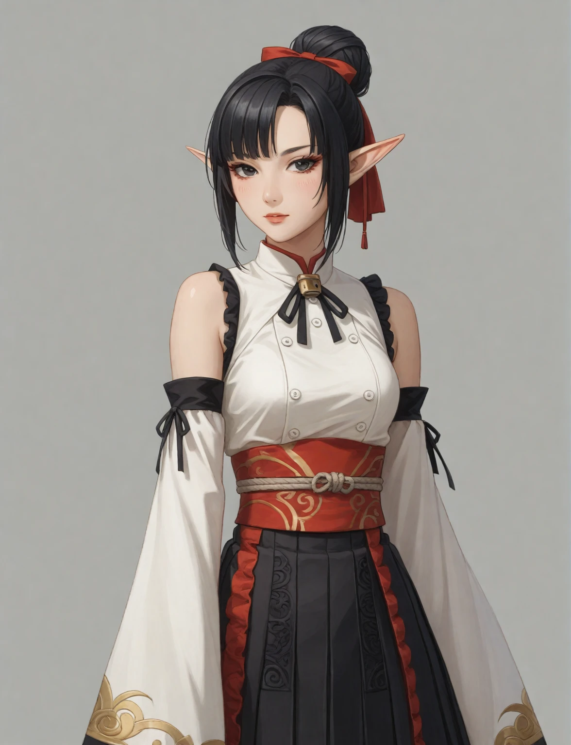 Create a digital illustration of a female character with almond-shaped black eyes, elf ears, and round dots instead of eyebrows. For the hairstyle, she should have black hair styled into a single bun at the back of her head, complemented by asymmetrically chopped bangs that transition into a long lock on one side. Her outfit should match short hakama with detached sleeves and frills under the shorts and the sleeves, in a gothic style, featuring intricate white lace patterns, detailed cutouts, and a white obi with a black seigaiha black pattern. The upper part of the outfit should be a sleeveless kimono blouse. The outfit should include layered skirts and ribbon details to emphasize a similar aesthetic. Add a muted background that complements her striking attire and hairstyle. Artwork in the style of guweiz, digital art inspired by the style of Ilya Kuvshinov. An anime character wearing black hakama with detached sleeves and a bow on her back, elf ears, a beautiful young woman with long black hair tied up in a single bun, wearing a white headband with ribbons on both sides of her head, a lock of hair falling in front of the right side of her face. 