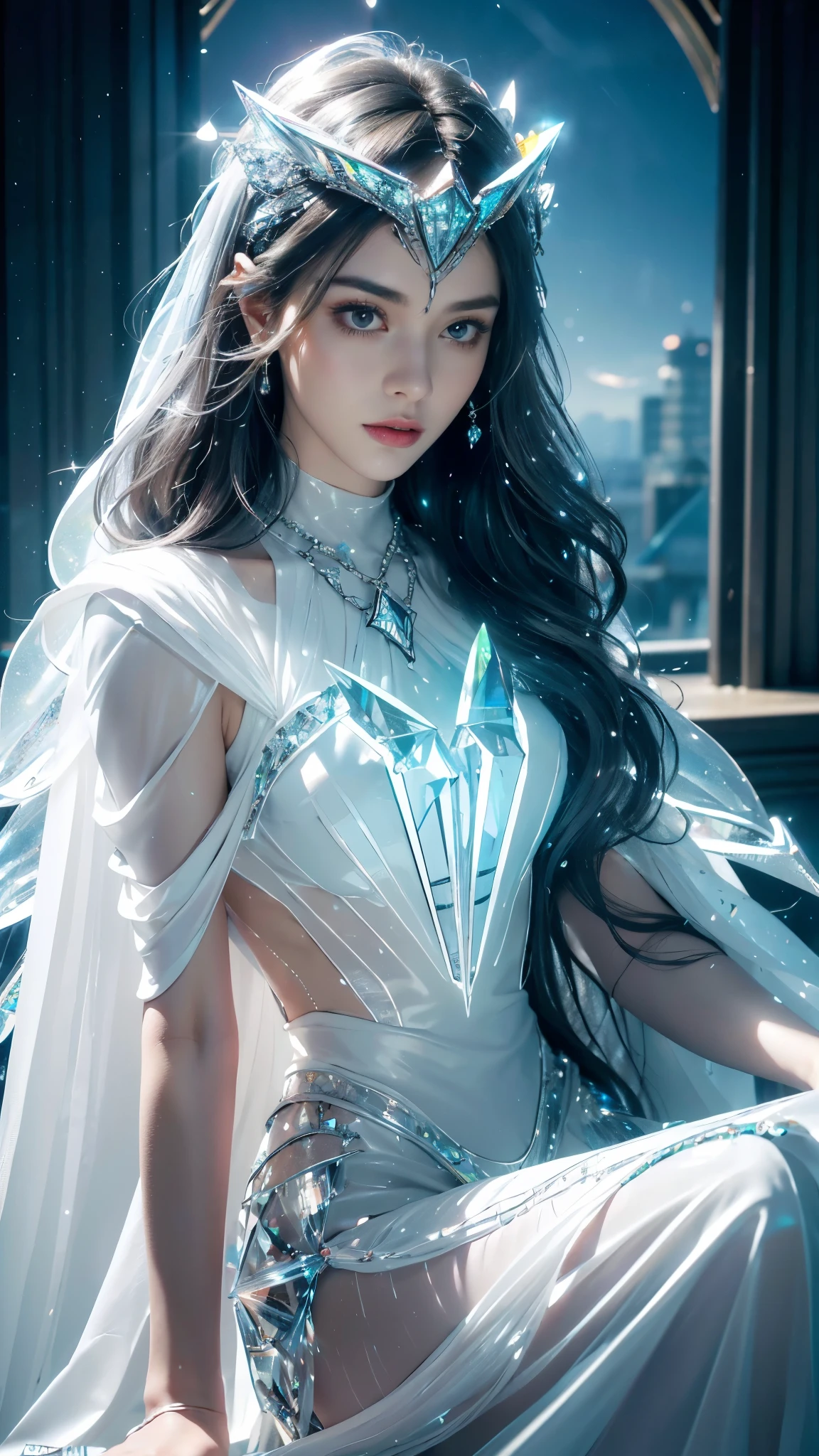 Top quality, masterpiece, ultra high definition, Original photo, 1 Girl, ((slim body)), ((wavy sardine)), cinematic lighting, very long hair, detailed eyes, wind, necklace, piercing, ((crystal dress)), ((detailed dress)), ((white clothing)), ((flowing cape)), ((crystal helm)), ((glowing neon)), ((realistic)), in the balcony, night time, cinematic pose, sitting,