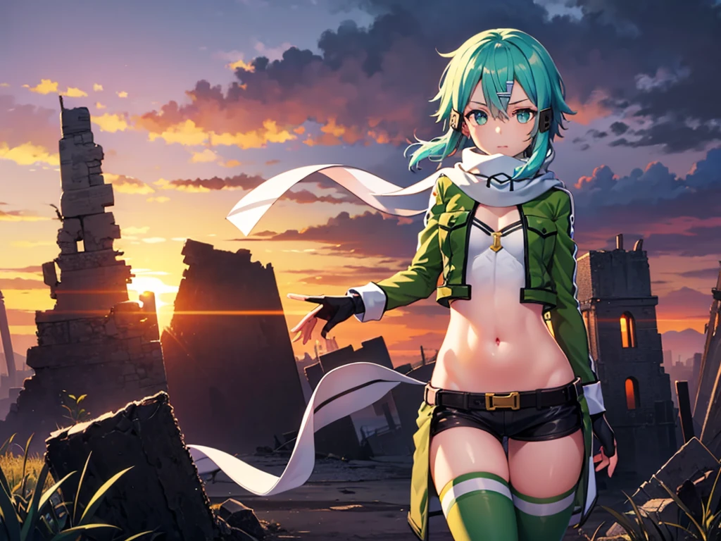 (masterpiece), best quality, expressive eyes, perfect face, highres, sinon1, scarf, fingerless gloves, long sleeves, short shorts,groin, hair ornament, hairclip, green thighhighs, green jacket,covered_nipples, thigh strap, field, sunset_ruins_landscape_background, ruined structures, dynamic_posing, looking at the viewer,,covered_navel,