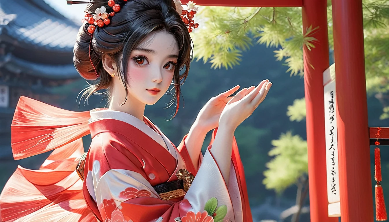 (Full Body Shot) realisitic、frontage、Raw photo、top-quality、Upper body facing forward、​masterpiece、(Realism:1.2)、1 female、frontage、The upper part of the body、Kimono、shrine maiden、A detailed face、beautidful eyes、shrines、White and red kimono、beautiful countenance、big eye、Beautie 
