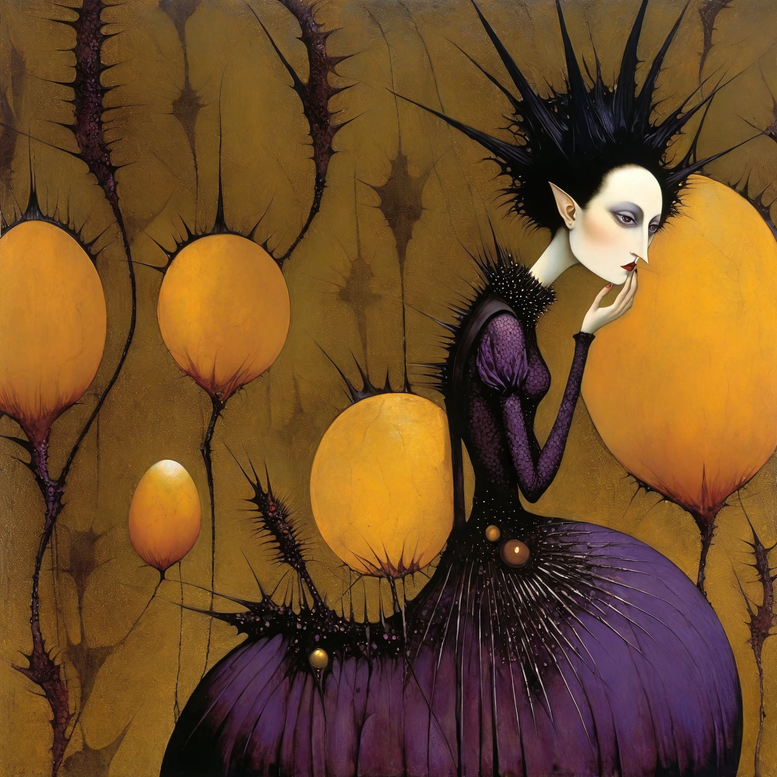 Patchwork by Leonora Carrington, Michael Parkes, Aubrey Beardsley, Dave McKean, picture painted with gel nail polish: A woman with a smooth face, aluminum egg narrow end down, black hair sticking out in spikes at the back - liberty spikes. Dressed in flowing, purple glitter dress with texture, reminiscent of a blackberry - with rounded, protruding blister-growths, which gives it volume and creates a sense of life, with high, fan collar, she is fanning herself. Background - plain Orpiment. Surreality, moveton, oddity, unusual geometric shapes and patterns, bizarre contrast, over-elaboration.
