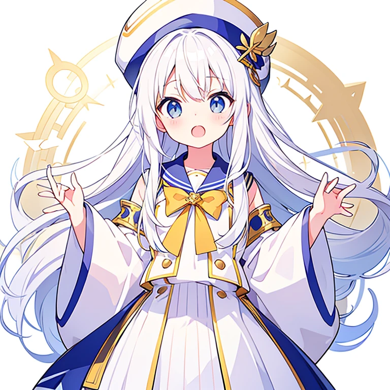 Mouth open、Pure white background、tachi-e、Standing still、Hands at sides、White hat with gold decoration、Long white hair、Sailor&#39;White uniform