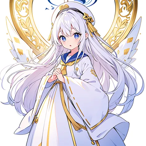 mouth open、pure white background、tachi-e、standing still、hands at sides、white hat with gold decoration、long white hair、sailor&#39...