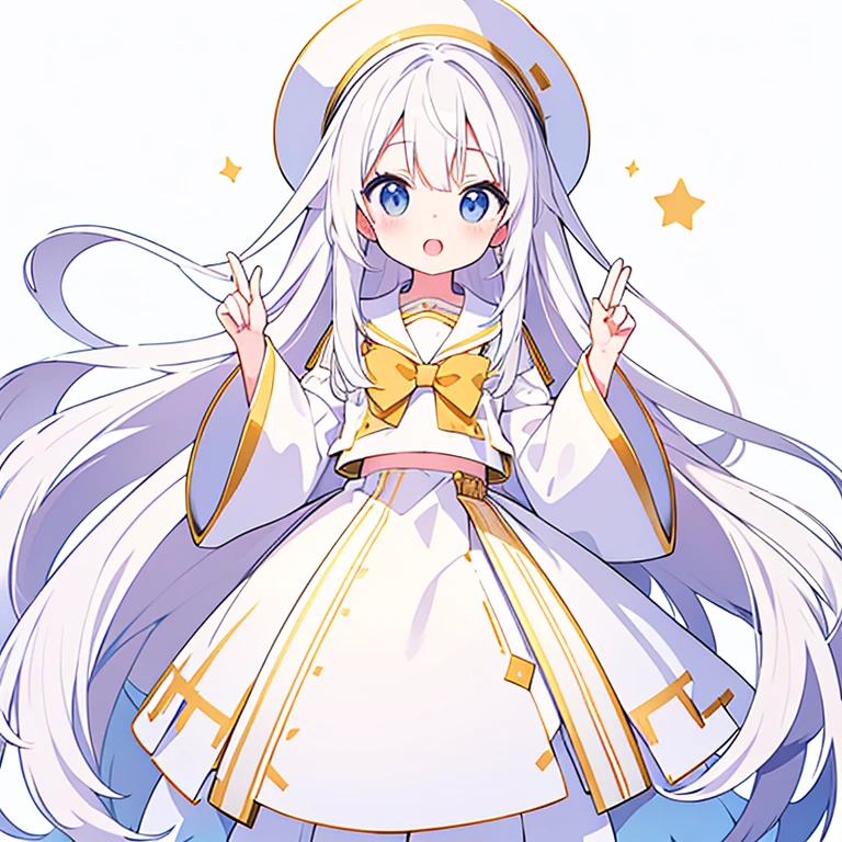 Mouth open、Pure white background、tachi-e、Standing still、Hands at sides、White hat with gold decoration、Long white hair、Sailor&#39;White uniform