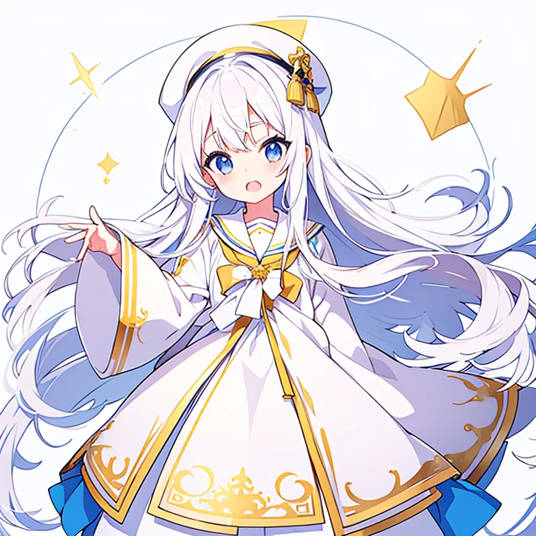 Mouth open、Pure white background、tachi-e、Standing still、Hands at sides、White hat with gold decoration、Long white hair、Sailor&#39;White uniform