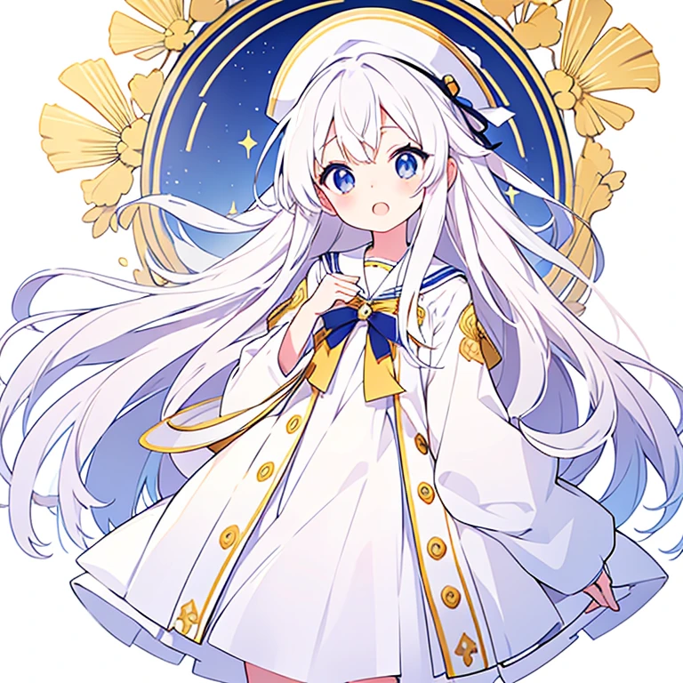 Mouth open、Pure white background、tachi-e、Standing still、Hands at sides、White hat with gold decoration、Long white hair、Sailor&#39;White uniform