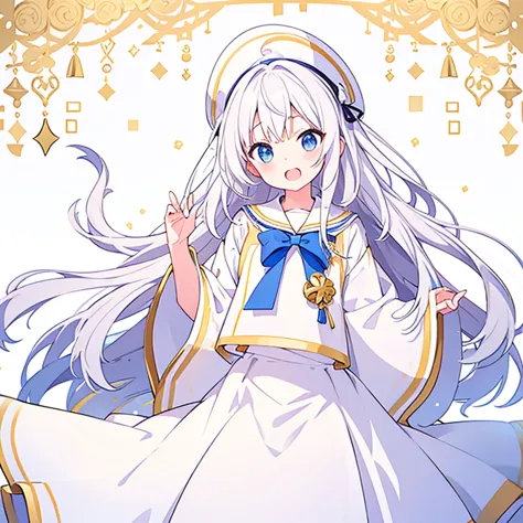 mouth open、pure white background、tachi-e、standing still、hands at sides、white hat with gold decoration、long white hair、sailor&#39...