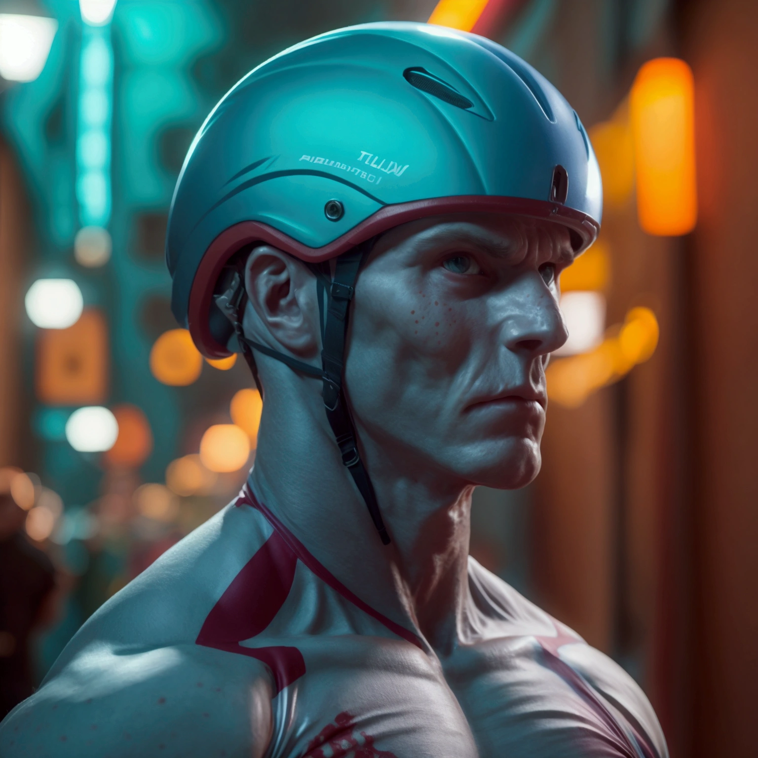 Cinematic full-body portrait of an enormous giant blue-grey titan-zombie. his body is very slender yet very muscular, red hair, freckles, bicycle helmet, extremly handsome middle-aged face, slender muscles, he's wearing a tight fitted cycling jersey singlet with tight cycling shorts, he has a very big crotch bulge indicating that he is very well endowed, protruding crotch bulge, full body portrait, we see his entire body in the photo