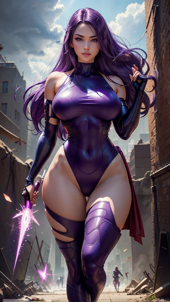 Psylocke da Marvel,(best qualityer,4K,8k,high resolution,work of art:1.2)(weather: cloudy), new york background, city ruins, long curly hair, purple hair, sleeveless leotard, arm long fingerless gloves, long red belt, thigh high stockings, high heels, light makeup, flirting pose, ultra detailed,portrait,realistic,beautiful detailed blue eyes, beautiful detailed lips,extremely detailed eye and face, long eyelashes,average, large breasts,flying hair,beaming smile, sexy smile,powerful girl in combat, bright coloured, dramatic lighting, purple sparks,