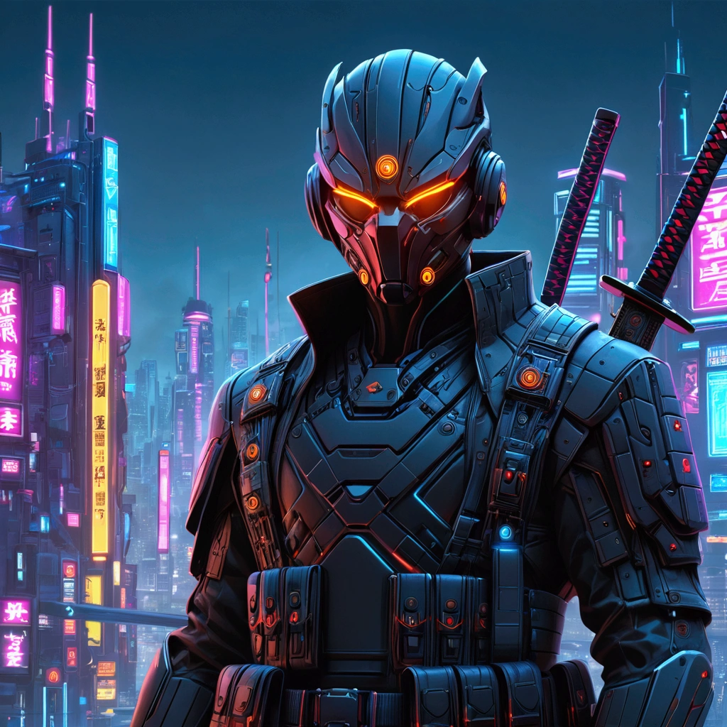 {masterpiece, UHD, super detail}, high details, best quality, masterpiece, ultra high resolution, Colorful, {Cyberpunk, neon, wires, anime style},fantasy, {futuristic style},{swordsman against the backdrop of a city, katana в руках, 1 katana}, sword in hands, katana, {neon в одежде, одежда в wiresх из neonа}, modern swordsman, in a mask, {face focus}, serious look