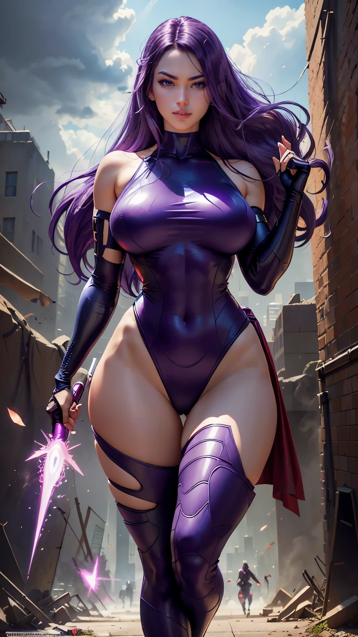 Psylocke da Marvel,(best qualityer,4K,8k,high resolution,work of art:1.2)(weather: cloudy), new york background, city ruins, long curly hair, purple hair, sleeveless leotard, arm long fingerless gloves, long red belt, thigh high stockings, high heels, light makeup, flirting pose, ultra detailed,portrait,realistic,beautiful detailed blue eyes, beautiful detailed lips,extremely detailed eye and face, long eyelashes,average, large breasts,flying hair,beaming smile, sexy smile,powerful girl in combat, bright coloured, dramatic lighting, purple sparks,