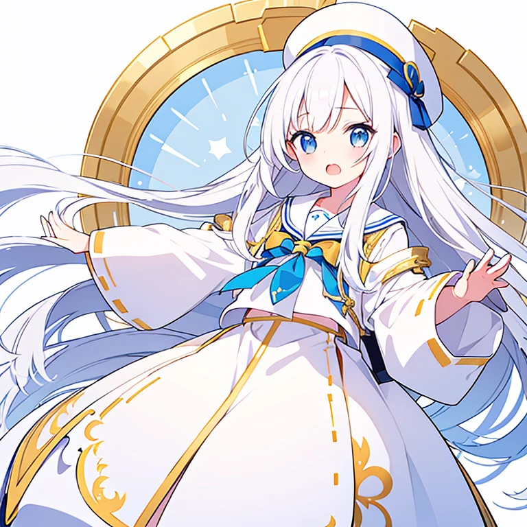 Mouth open、Pure white background、tachi-e、Standing still、Hands at sides、White hat with gold decoration、Long white hair、Sailor&#39;White uniform