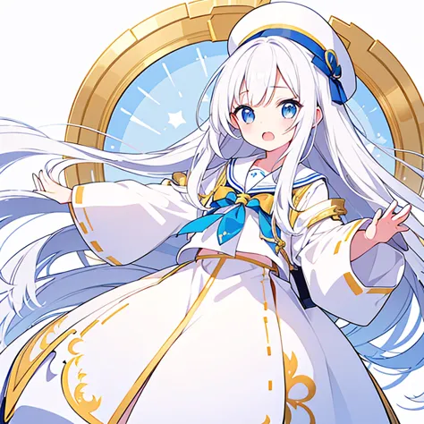 mouth open、pure white background、tachi-e、standing still、hands at sides、white hat with gold decoration、long white hair、sailor&#39...