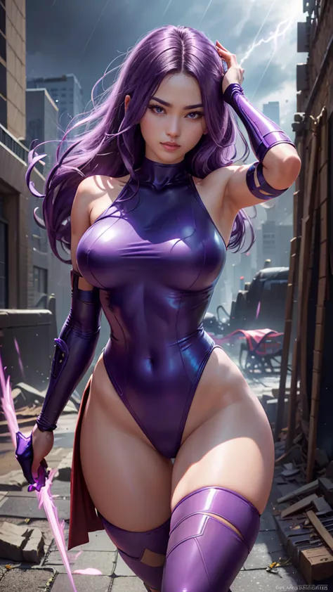 psylocke da marvel,(best qualityer,4k,8k,high resolution,work of art:1.2)(weather: raining), new york background, city ruins, lo...