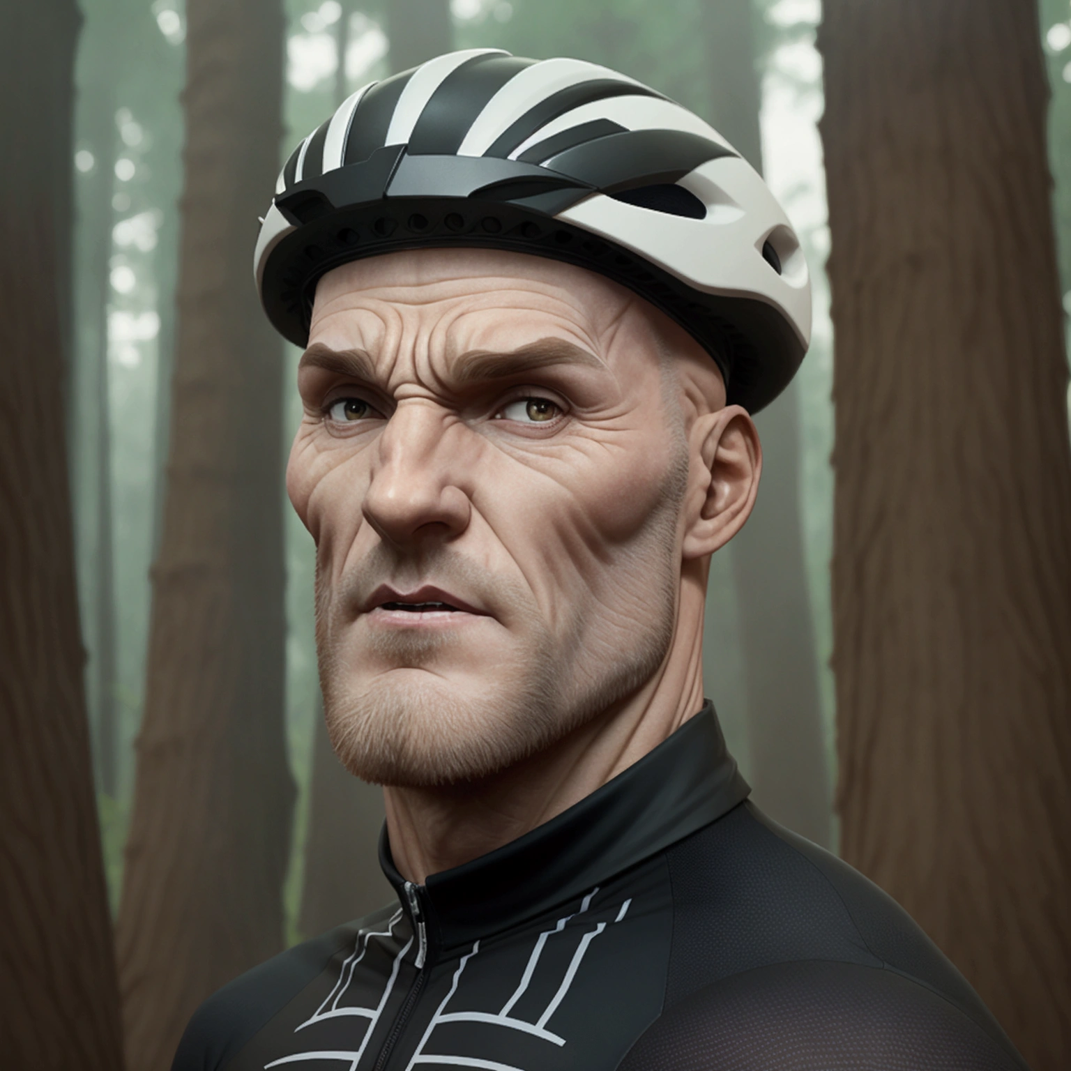 Cinematic movie-poster: Full body portrait of a giant Colm Feore standing in a a forest, red hair, freckles, extremly handsome middle-aged face, slender muscles, he's wearing a tight fitted cycling jersey singlet with tight cycling shorts, wearing a bicycle helmet, he has a very big crotch bulge indicating that he is very well endowed, protruding crotch bulge, large feet, his legs are in frame, titan, homoerotic, towering figure, enormously tall, long torso, long legs, sharp teeth, pale skin, chalk-white skin, beard, veiny arms, scaly face, scars across his torso, dark black eyes, defined muscles, zatyr-legs, , big muscles, low body-fat, small nipples, athletic build, masculine, brooding, stunning details, stunning photography, 4k quality, high resolution, high definition, cinematic, we see the entire body of the man in the photo