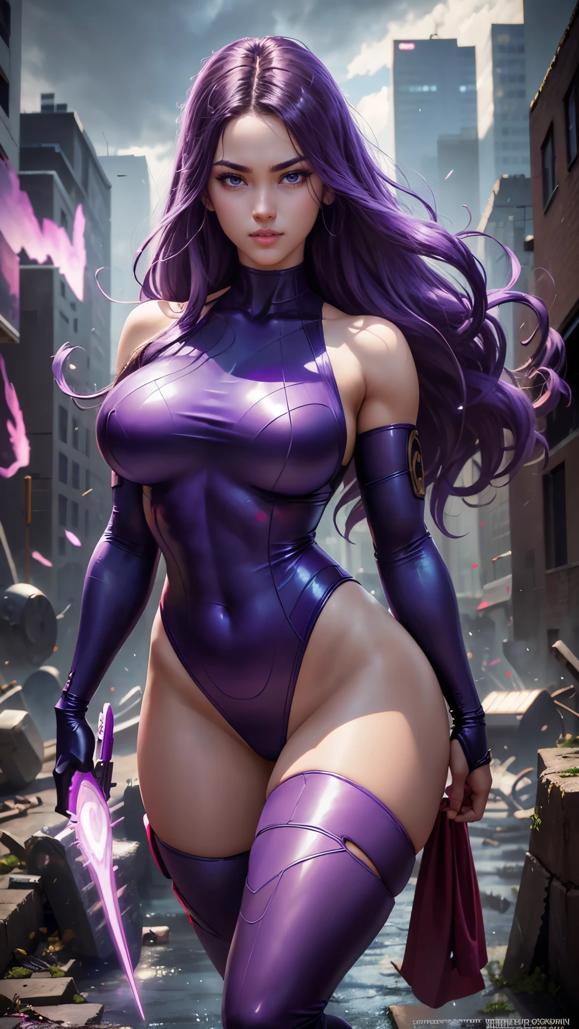 Psylocke da Marvel,(best qualityer,4K,8k,high resolution,work of art:1.2)(weather: raining), new york background, city ruins, long curly hair, purple hair, red belt, sleeveless leotard, arm long fingerless gloves, thigh high stockings, high heels, light makeup, flirting pose, ultra detailed,portrait,realistic,beautiful detailed blue eyes, beautiful detailed lips,extremely detailed eye and face, long eyelashes,average, large breasts,flying hair,beaming smile, sexy smile,powerful girl in combat, bright coloured, dramatic lighting, purple sparks,