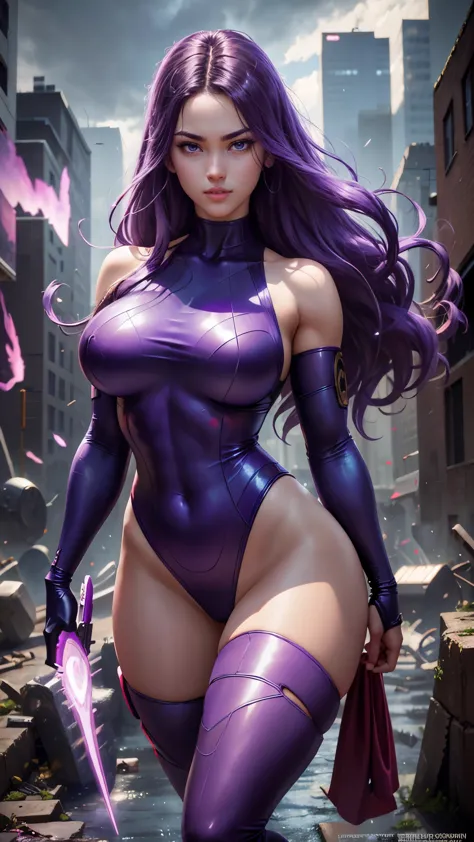 psylocke da marvel,(best qualityer,4k,8k,high resolution,work of art:1.2)(weather: raining), new york background, city ruins, lo...