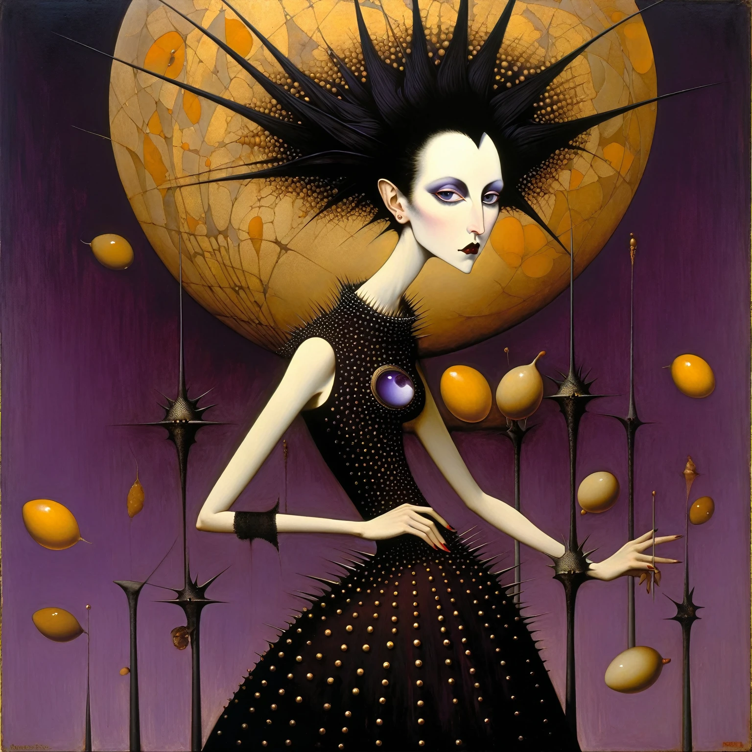  by a fusion of Leonora Carrington, Michael Parkes, Aubrey Beardsley, Dave McKean, picture painted with gel nail polish: A woman with a smooth face, aluminum egg narrow end down, black hair sticking out in spikes at the back - liberty spikes. Dressed in flowing, purple glitter dress with texture, reminiscent of a blackberry - with rounded, protruding blister-growths, which gives it volume and creates a sense of life, with high, fan collar, she is fanning herself. Background - plain Orpiment. Surreality, moveton, oddity, unusual geometric shapes and patterns, bizarre contrast, over-elaboration.
