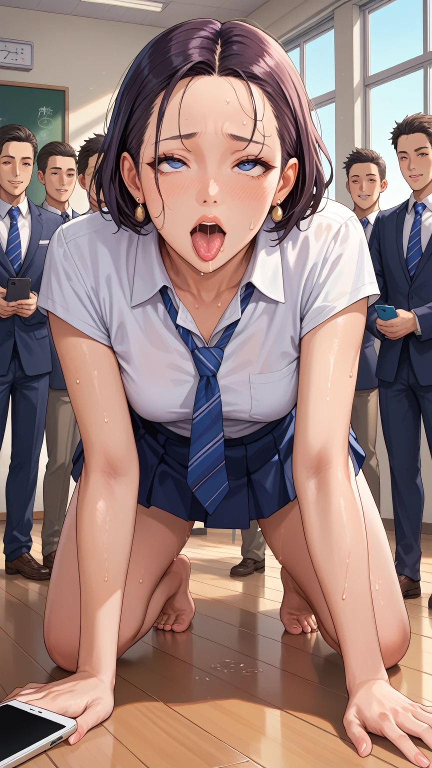 view from behind, schoolgirl, 14y.o., Crowd young beautiful girl in the background，classroom，in classroommasterpiece,Highest quality,High resolution,Anatomically correct, no panties, on all fours,Sweat,barefoot,Glowing Skin,ahegao,Forehead,Bob，perfect body,wedding picture,5 men:2.0,,Surrounded by men:2.0，in the bedroom,smartphone