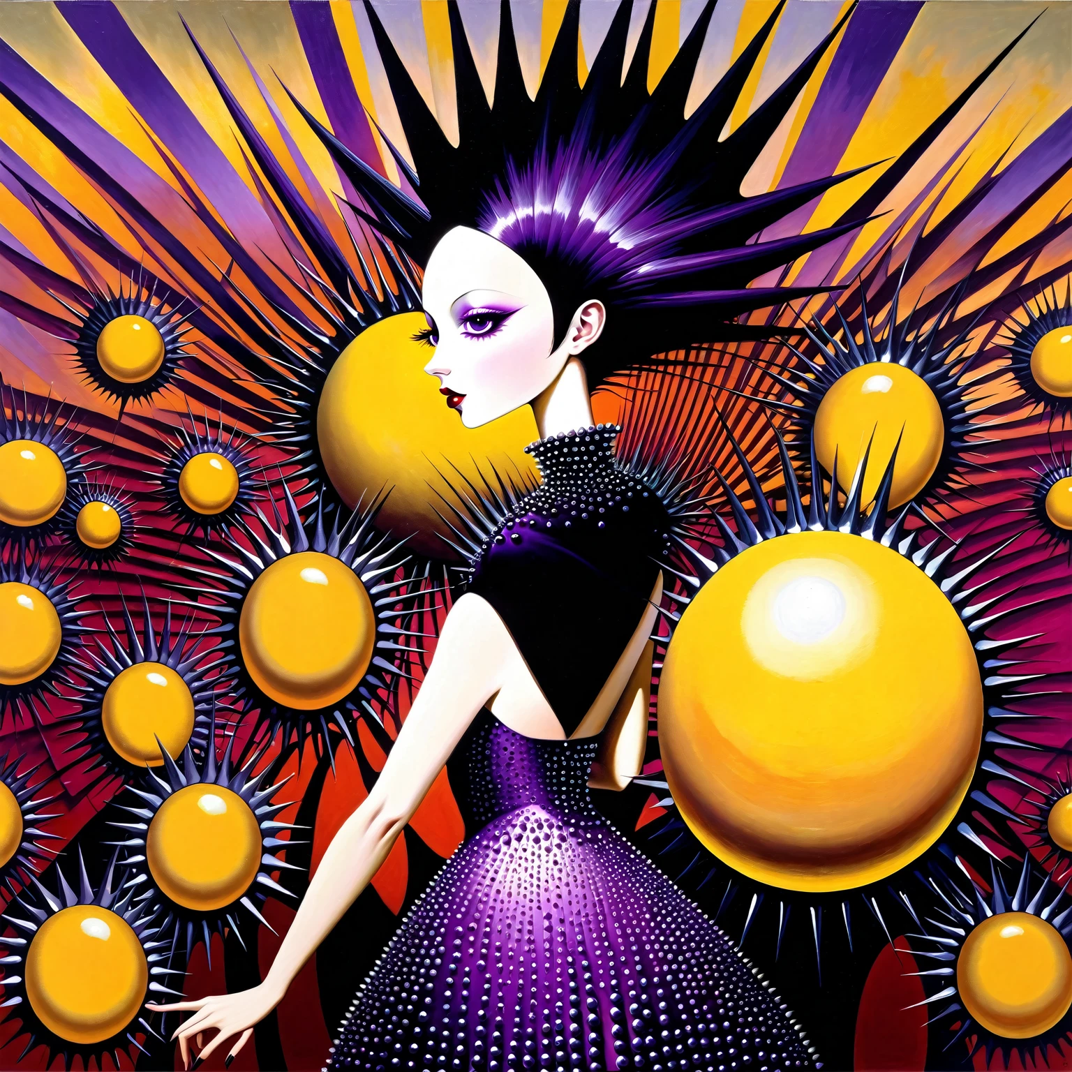 Surreal picture painted with gel nail polish: A woman with a smooth face, aluminum egg narrow end down, black hair sticking out in spikes at the back - liberty spikes. Dressed in flowing, purple glitter dress with texture, reminiscent of a blackberry - with rounded, protruding blister-growths, which gives it volume and creates a sense of life, with high, fan collar, she is fanning herself. Background - plain Orpiment. Surreality, moveton, oddity, unusual geometric shapes and patterns, bizarre contrast, over-elaboration.
