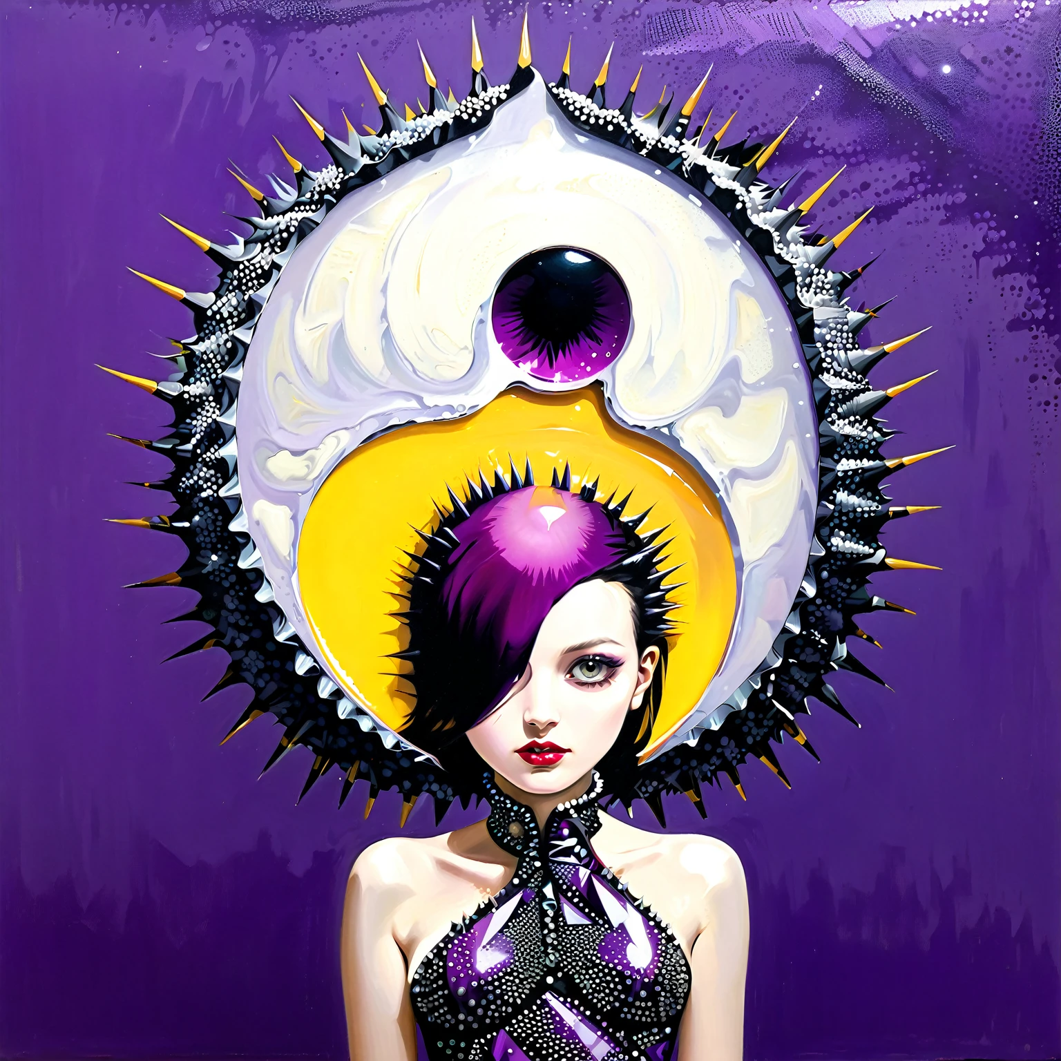 Surreal picture painted with gel nail polish: A woman with a smooth face, aluminum egg narrow end down, black hair sticking out in spikes at the back - liberty spikes. Dressed in flowing, purple glitter dress with texture, reminiscent of a blackberry - with rounded, protruding blister-growths, which gives it volume and creates a sense of life, with high, fan collar, she is fanning herself. Background - plain Orpiment. Surreality, moveton, oddity, unusual geometric shapes and patterns, bizarre contrast, over-elaboration.
