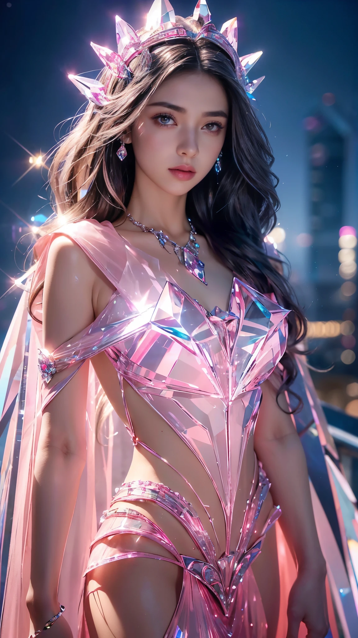 Top quality, masterpiece, ultra high definition, Original photo, 1 Girl, ((slim body)), ((wavy sardine)), cinematic lighting, very long hair, detailed eyes, wind, necklace, piercing, ((crystal dress)), ((detailed crystal)), ((pink clothing)), ((flowing cape)), ((crystal helm)), ((glowing neon)), ((realistic)), in the balcony, night time, cinematic pose,