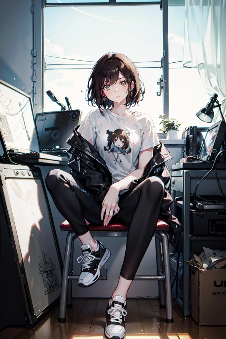 Full-body shot of a person sitting on a chair, digital illustration of a person in a room with a PC in 4K resolution, human, around 20 years old, (one female), (brown hair), (black eyes, sharp eyes, straight eyebrows), simple outfit:1.5, rock-style outfit:0.2, (white T-shirt:1.5, monochrome jacket, black pants:1.0, monochrome high-cut sneakers, silver earrings), cluttered room:0.3, dark room, colorful lighting:0.5, ((UHD, masterpiece, super detail, best quality, highres, 8k)), (detailed line art), perfect face, perfect body, perfect hands, perfect feetv