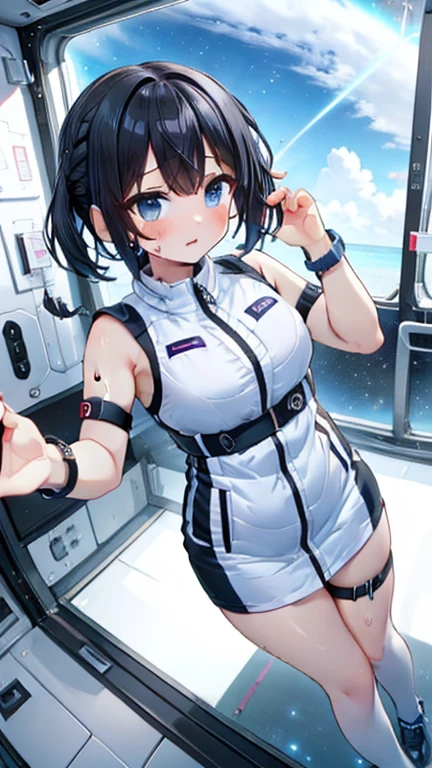 (Best Quality), (masterpiece), 1080P, High resolution, 4K, 8k, Inside the space station、Futuristic room、Thigh straps, Shooting from directly below, The woman on top of me, 白いsweat, Covered , sweat, Woman looking down, Skirt swimsuit, Thigh-high socks, To achieve this, , , whole body, Black leather shoes, Braided Hair, Inner Color, Embarrassed face, Short black hair, bracelet, bedroom,astrovest
