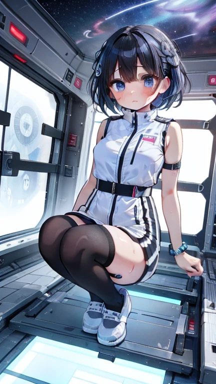 (Best Quality), (masterpiece), 1080P, High resolution, 4K, 8k, Inside the space station、Futuristic room、Thigh straps, Shooting from directly below, The woman on top of me, 白いsweat, Covered , sweat, Woman looking down, Skirt swimsuit, Thigh-high socks, To achieve this, , , whole body, Black leather shoes, Braided Hair, Inner Color, Embarrassed face, Short black hair, bracelet, bedroom,astrovest
