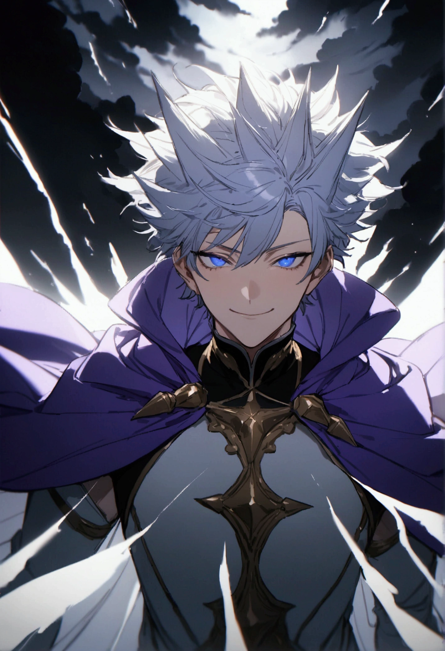 (masterpiece, 32k, 8k, image with ultra effects), background with various thunder and black clouds, human, 2 man, silver and spiky hair, electric blue eyes, confident smile on his face, purple blue cape, (image focused only on the character's face, completely white scenery)