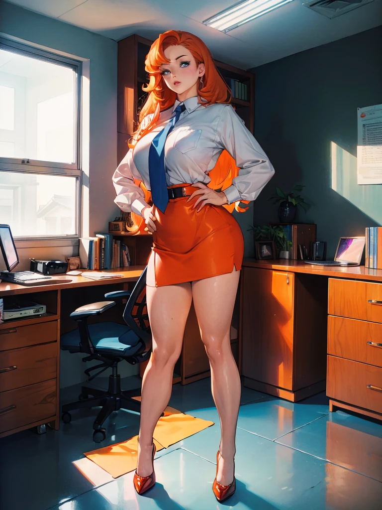 (best quality, masterpiece:1.2), illustration by hajime sorayama, perfect body, hyperfeminine curves, one woman, orange hair, very long curl hair, light blue eyes, curvy, high fashion, office outfit, office uniform femme fatale, stockings, solo