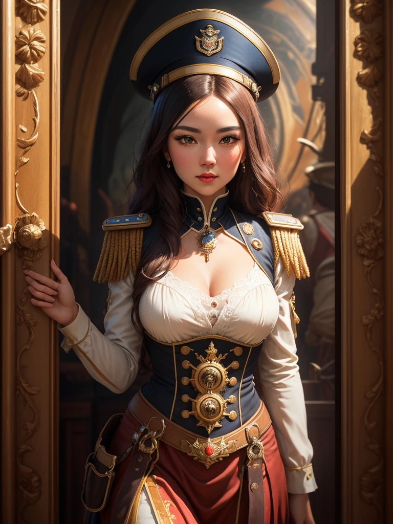 She is Admiral from naval army, century XIX, ((Best quality)), ((masterpiece)), (highly detailed:1.3), Depth-of-field, Multi-layered textures, HDR (High Dynamic Range), Ray Tracing, NVIDIA RTX, Unreal 5, Subsurface scattering, PBR Texturing, Post-processing, Anisotropic Filtering, Maximum clarity and sharpness, Wide aperture, Low ISO, White balance, Rule of thirds, 8K RAW, art, neoclassical painting, mural, Venetian painting style, oil painting, steampunk style,