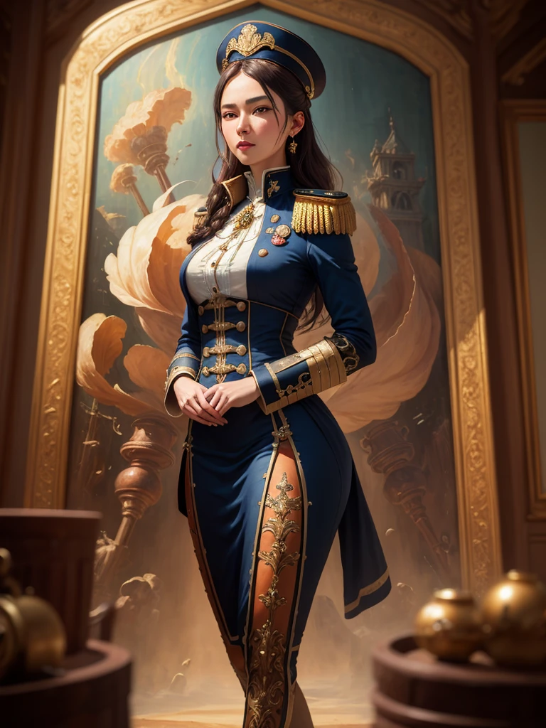 She is Admiral from naval army, century XIX, ((Best quality)), ((masterpiece)), (highly detailed:1.3), Depth-of-field, Multi-layered textures, HDR (High Dynamic Range), Ray Tracing, NVIDIA RTX, Unreal 5, Subsurface scattering, PBR Texturing, Post-processing, Anisotropic Filtering, Maximum clarity and sharpness, Wide aperture, Low ISO, White balance, Rule of thirds, 8K RAW, art, neoclassical painting, mural, Venetian painting style, oil painting, steampunk style,