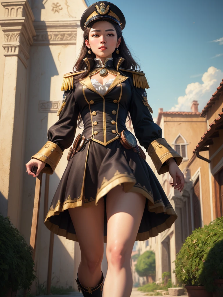 She is Admiral from naval army, century XIX, ((Best quality)), ((masterpiece)), (highly detailed:1.3), Depth-of-field, Multi-layered textures, HDR (High Dynamic Range), Ray Tracing, NVIDIA RTX, Unreal 5, Subsurface scattering, PBR Texturing, Post-processing, Anisotropic Filtering, Maximum clarity and sharpness, Wide aperture, Low ISO, White balance, Rule of thirds, 8K RAW, art, neoclassical painting, mural, Venetian painting style, oil painting, steampunk style,