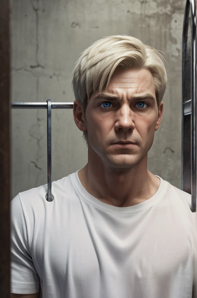 white man, short straight hair, scared expression, with iron bar in hand, white shirt, Silent Hill 4 style, bust photo, ultra-realistic, perfect skin, perfect eyes.