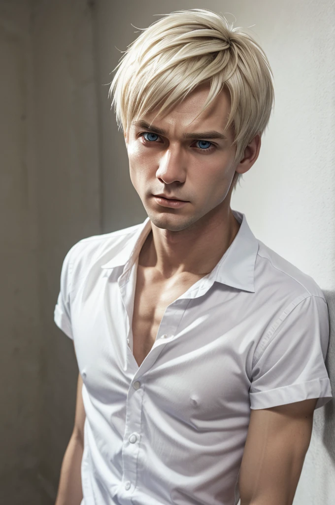 white man, short straight hair, scared expression, white shirt, Silent Hill 4 style, bust photo, ultra-realistic, perfect skin, perfect eyes.