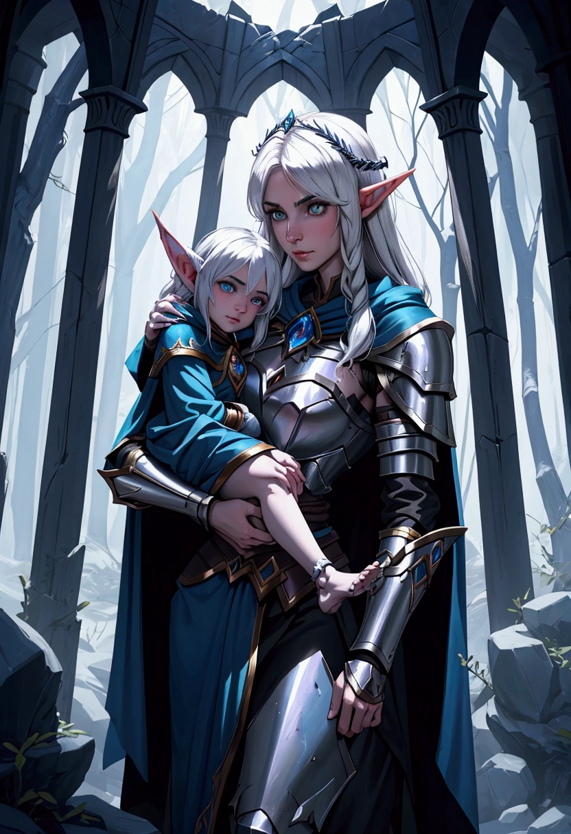 Make me a night elf kaldorei from the warcraft saga with sentinel armor holding a baby in her arms under a blue cloak and only her arm is visible, which is hairy and has claws.. as if it were a white wolf 