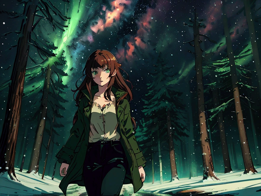 -High quality- -masterpiece- -animated- -anime style- A beautiful woman, green eyes, freckles, long disheveled brown hair, dressed in a dirty and torn green jacket, large dirty black coat pants. walking through a forest, snow with a snow storm at night.
