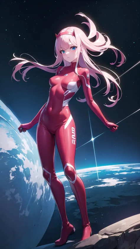 zerotwo, ((full body photo, standing, feet on the ground))
zero two, (green eyes:1.5), hairband, horns, long hair, pink hair, re...