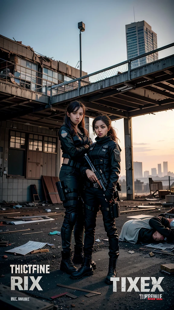 medium shot photo, half body photo, Design an 8k movie poster showing a medium shot of three main female characters dressed as special ops agents, wearing crop tactical gear with black combat jackets, gloves, and gear belts. They are positioned side by side in an intense pose, captured from the waist up, with determined and fierce expressions. The backdrop features an abandoned city in chaos, with crumbling buildings, broken windows, and scattered debris. The lighting is gritty, with muted colors and shadows emphasizing the post-apocalyptic environment, capturing the tension and urgency of a world on the brink of collapse.