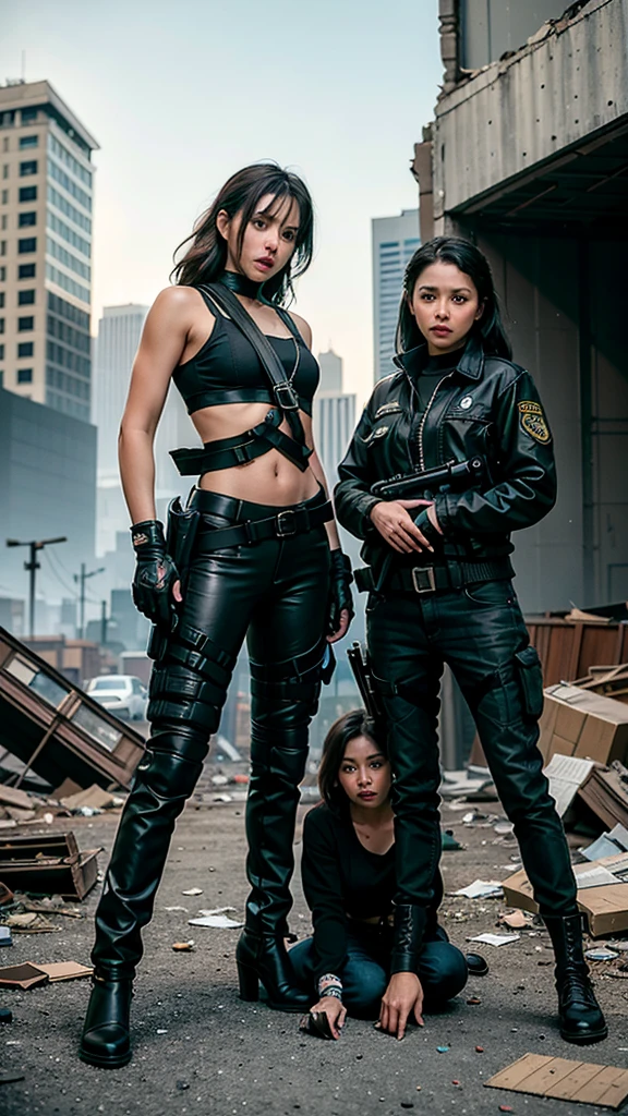 medium shot photo, half body photo, Design an 8k movie poster showing a medium shot of three main female characters dressed as special ops agents, wearing crop tactical gear with black combat jackets, gloves, and gear belts. They are positioned side by side in an intense pose, captured from the waist up, with determined and fierce expressions. The backdrop features an abandoned city in chaos, with crumbling buildings, broken windows, and scattered debris. The lighting is gritty, with muted colors and shadows emphasizing the post-apocalyptic environment, capturing the tension and urgency of a world on the brink of collapse. side by side pose